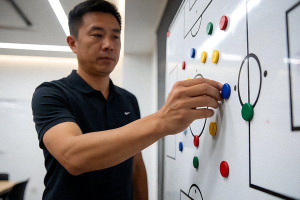 教练在战术板上布置阵型的特写画面