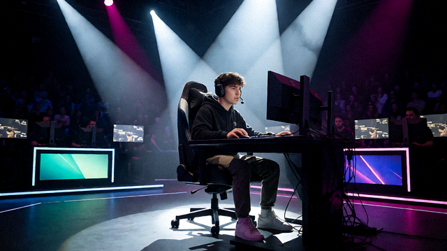 电竞比赛舞台选手对战与观众席灯光的现场画面